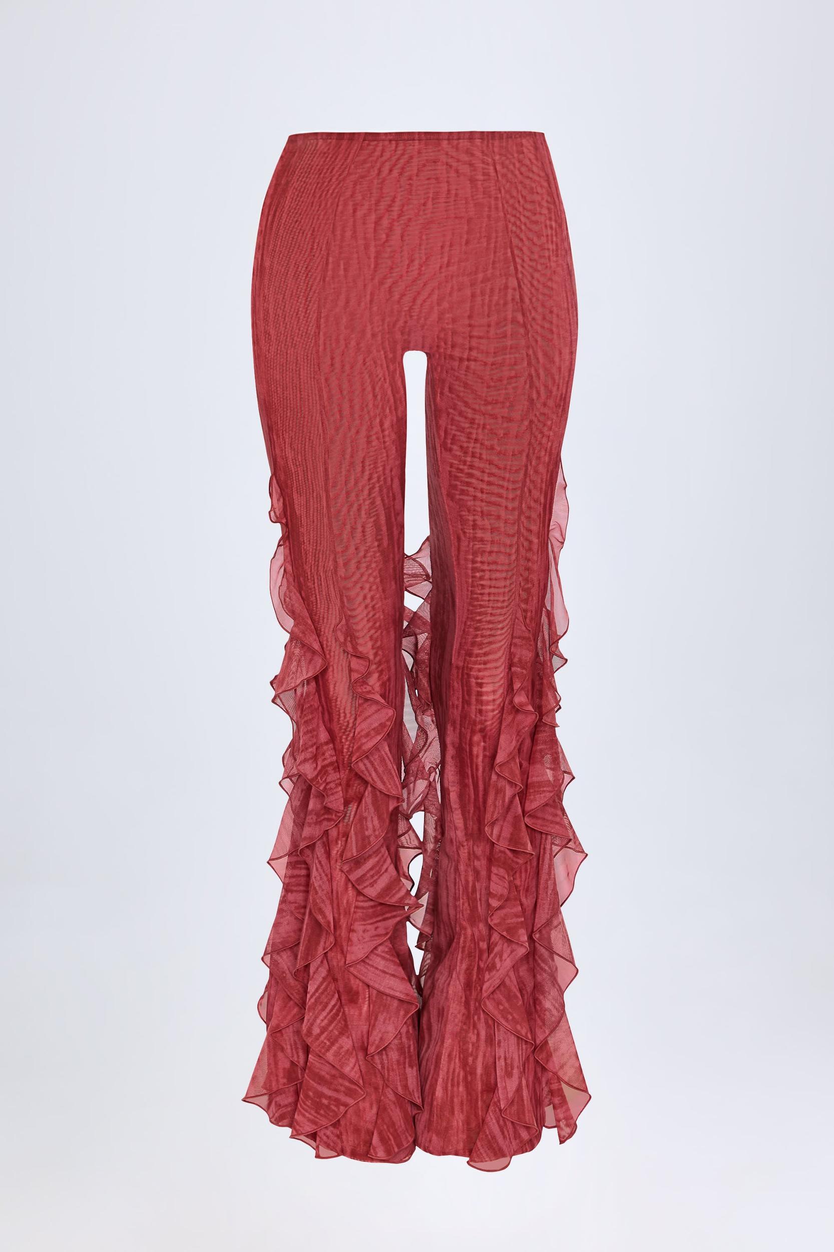 Ruffled Mid-Rise Flared Trousers in Red Print Product Image
