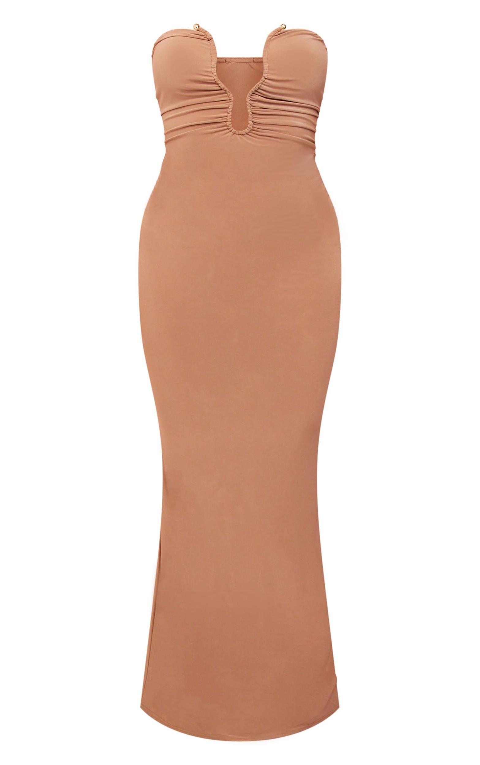 Mocha Soft Touch Plunge Trim Detail Bandeau Maxi Dress Product Image