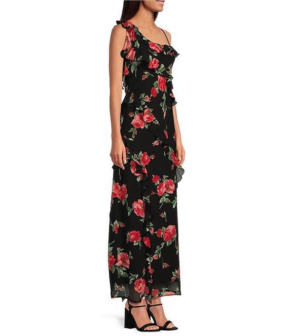 WAYF Floral Draped Ruffle V Neck Sleeveless Maxi Dress Product Image