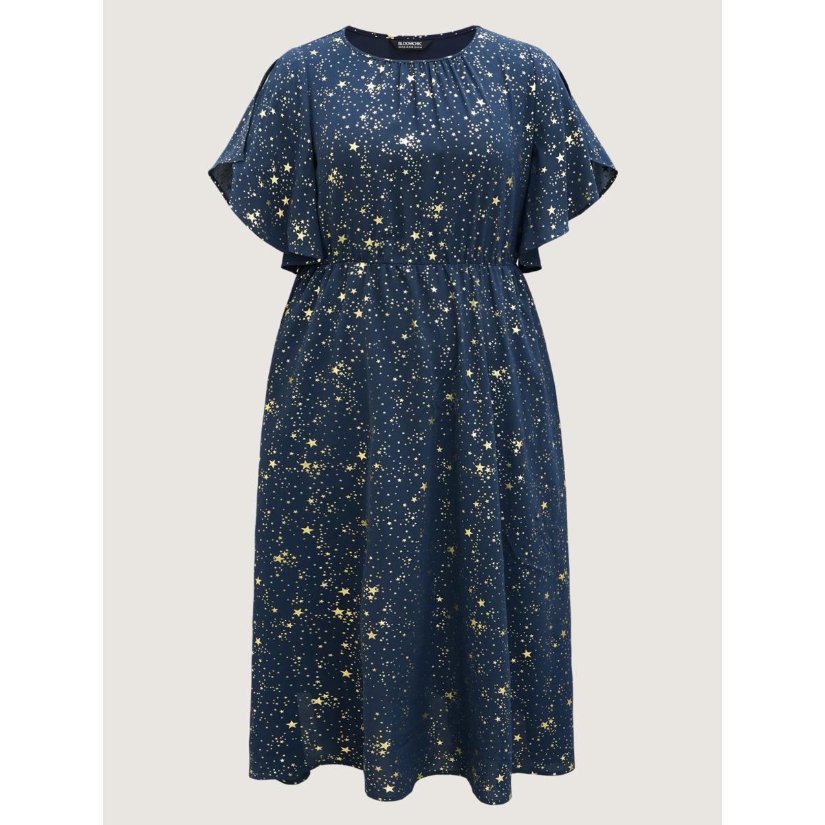 Plus Size Glitter Star Split Sleeve Midi Dress DarkBlue Women Elegant Gathered Round Neck Short sleeve Curvy BloomChic 22-24/3X Product Image