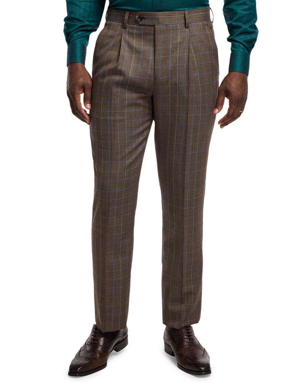 Wool Blend Plaid Single Pleat Suit Pants - Brown/blue Product Image