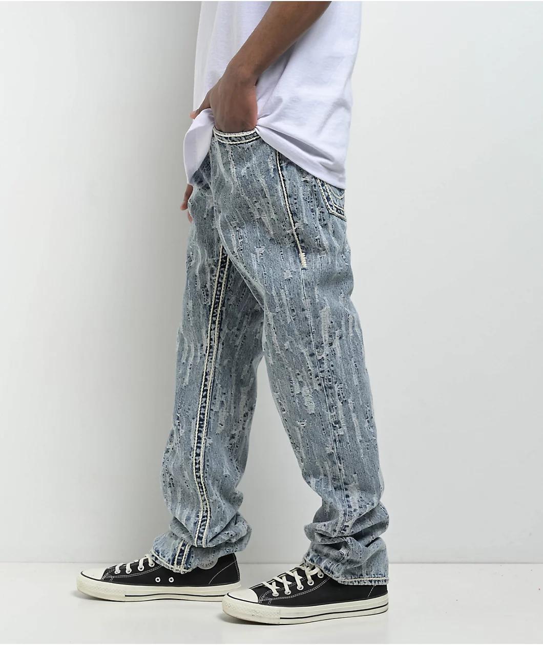 True Religion Ricky Distress Blue Wash Straight Leg Jeans Product Image