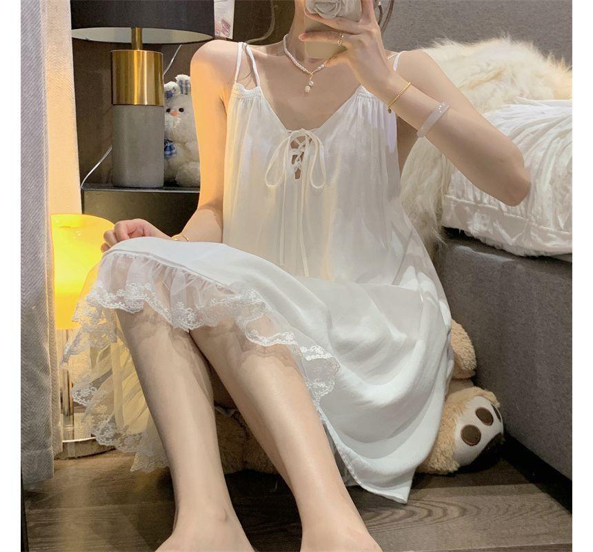 Spaghetti Strap Plain Lace Trim Sleep Dress Product Image