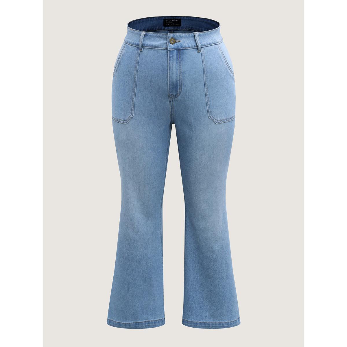 Plus Size Classic Flared Hem Mid-Rise Jeans Women Midblue Slanted pocket Jeans BloomChic 18/2X Product Image