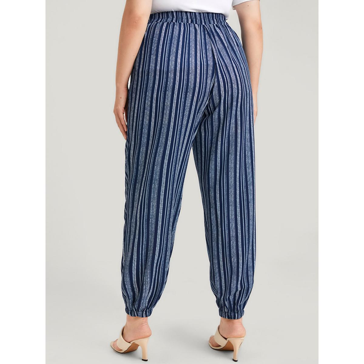 Plus Size Striped Elastic Waist Pocket Ties Pants Women DarkBlue Casual Mid Rise Dailywear Pants BloomChic 12/L Product Image
