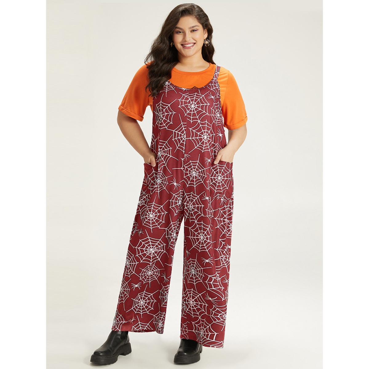 Plus Size DarkGreen Halloween Spider Web Print Pocket Overall Cami Jumpsuit Women Casual Sleeveless Spaghetti Strap Festival-Halloween Loose Jumpsuits BloomChic 10/M Product Image