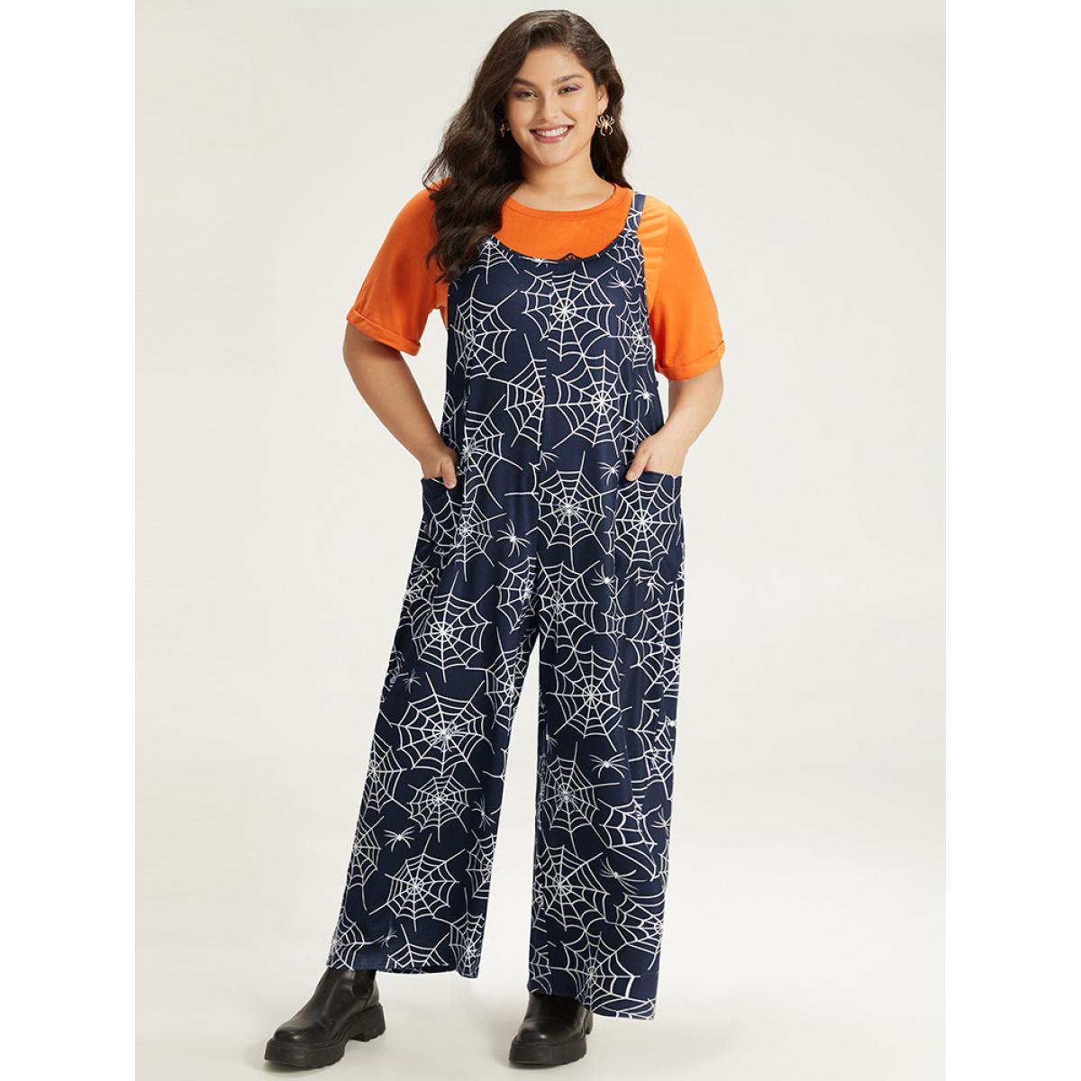 Plus Size DarkGreen Halloween Spider Web Print Pocket Overall Cami Jumpsuit Women Casual Sleeveless Spaghetti Strap Festival-Halloween Loose Jumpsuits BloomChic 10/M Product Image