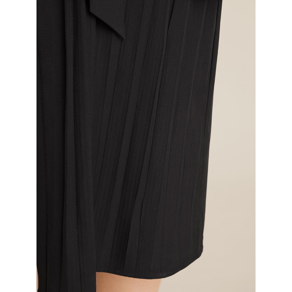 Plus Size Solid Belted Pleated Shirt Collar Dress Black Women Office Belted Shirt collar Long Sleeve Curvy Midi Dress BloomChic 12/L Product Image