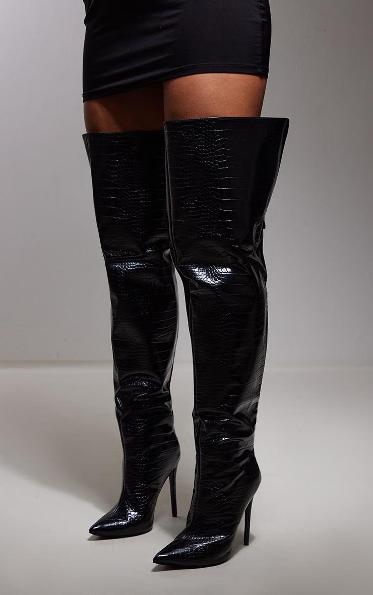 Black Croc PU Pointed High Heel Over The Knee Boots Product Image