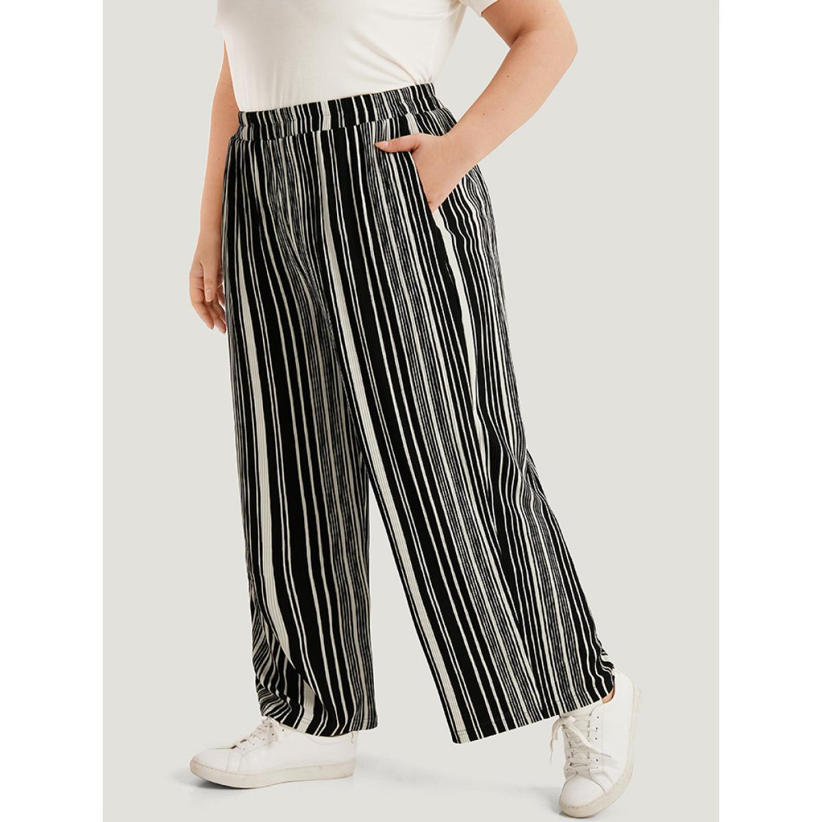 Plus Size Striped Elastic Waist Pocket Loose Pants Women Black Casual Wide Leg High Rise Dailywear Pants BloomChic 26/4X Product Image