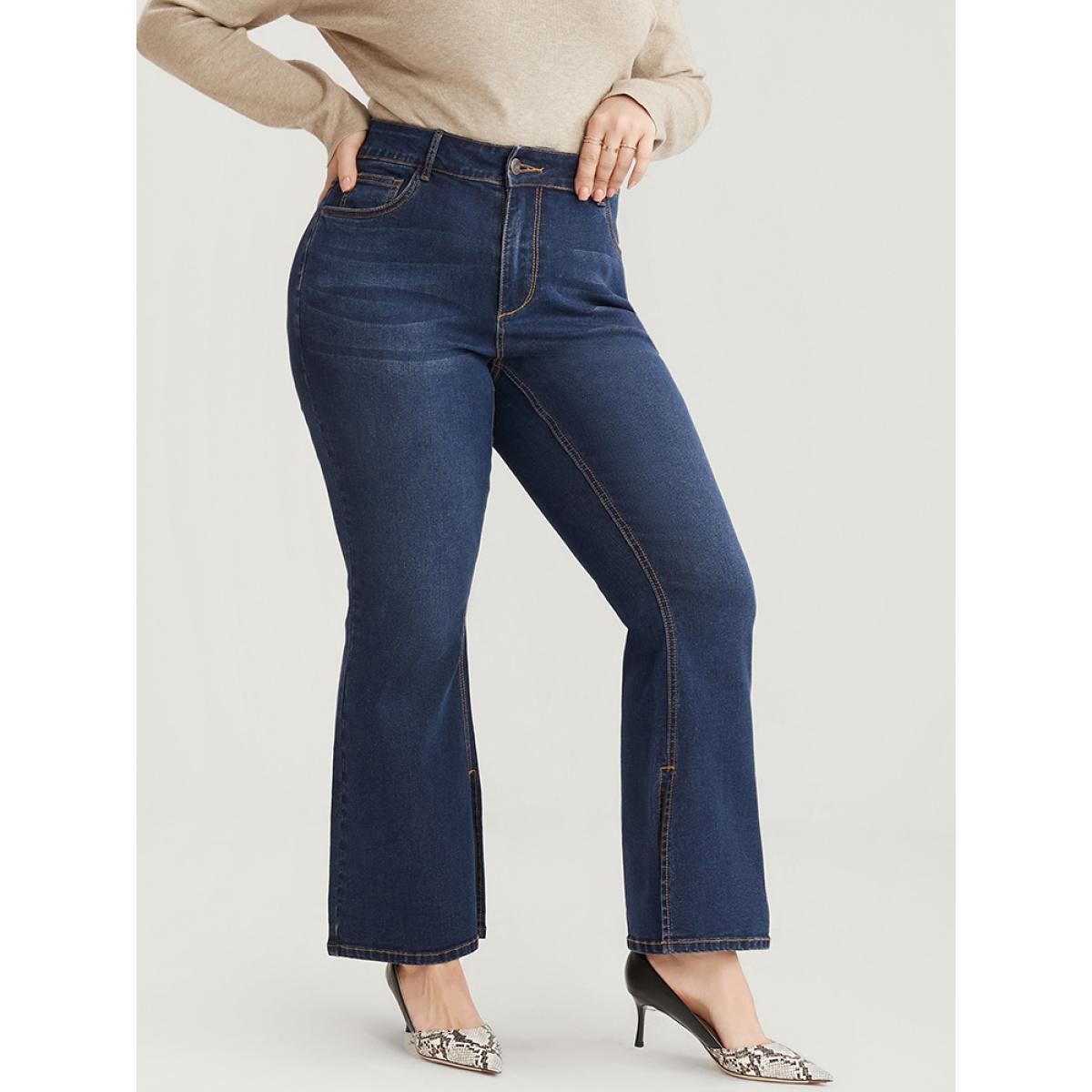 Plus Size Bootcut Very Stretchy High Rise Dark Wash Split Hem Jeans Women DarkBlue Casual Plain Pocket High stretch Side seam pocket Jeans BloomChic 22/3X Product Image