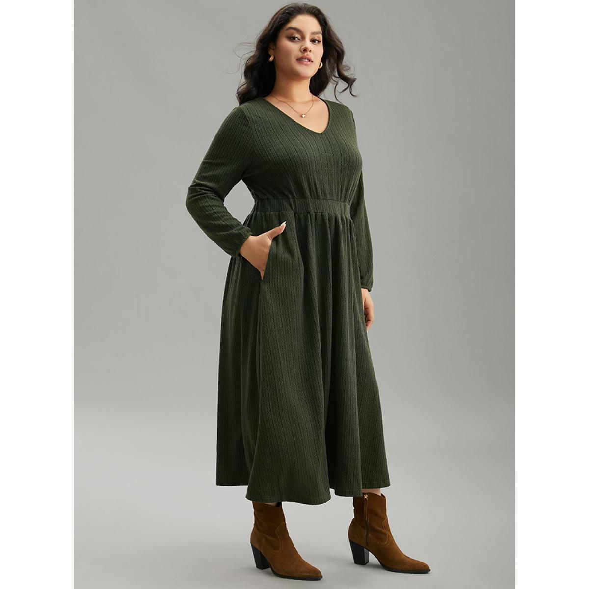 Plus Size Plain Plisse Elastic Cuffs Midi Dress ArmyGreen Women Elegant Elastic cuffs V-neck Long Sleeve Curvy Midi Dress BloomChic 28/5X Product Image