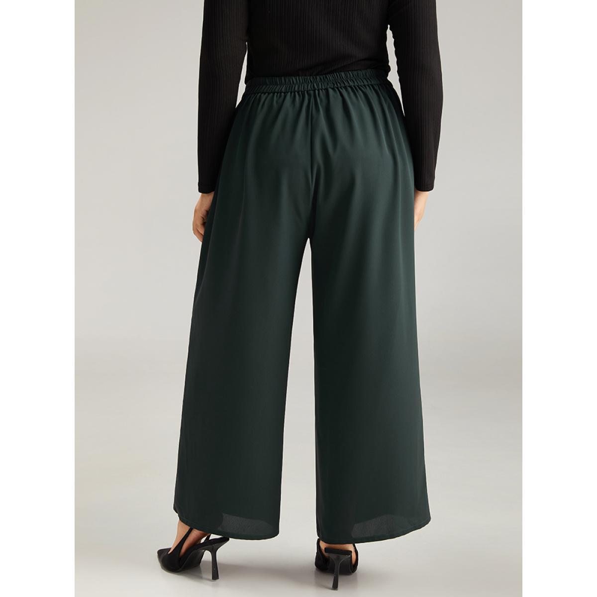Plus Size Anti-Wrinkle Plain Button Detail Wide Leg Pants Women DarkGreen Office Wide Leg High Rise Work Pants BloomChic 18-20/2X Product Image