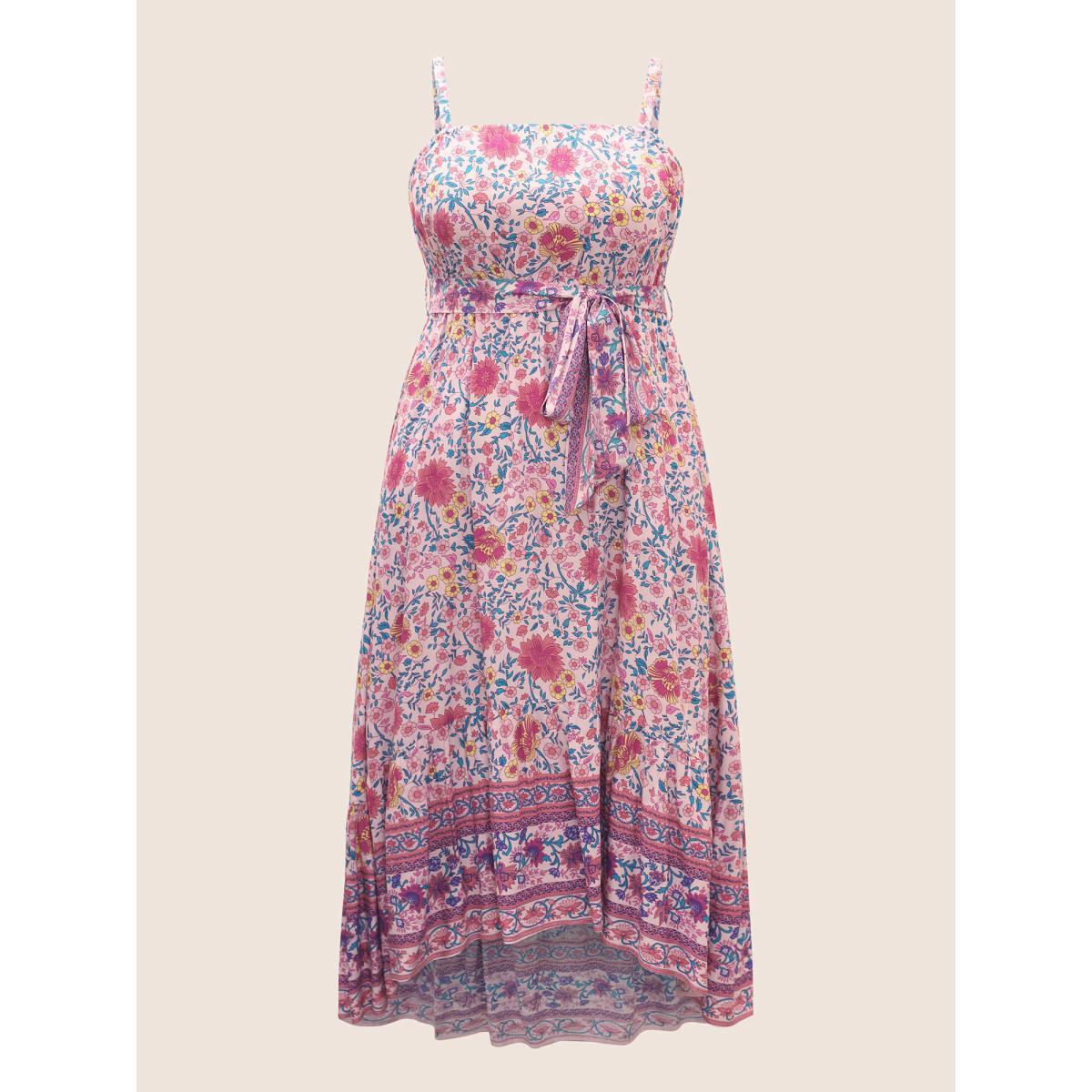 Plus Size Floral Elastic Waist Patchwork Cami Dress MistyRose Women Resort Belted Non Sleeveless Curvy Midi Dress BloomChic 30/6X Product Image
