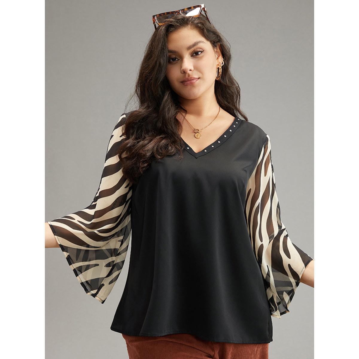 Plus Size Black Zebra Print Chiffon Patchwork Pearl Beaded Blouse Women Elegant Elbow-length sleeve V-neck Dailywear Blouses BloomChic 14-16/1X Product Image
