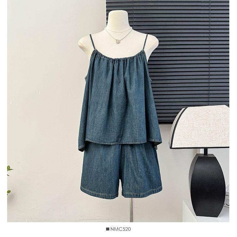 Set: Tie-Back Asymmetrical Denim Top + High-Waist Denim Wide Shorts Product Image