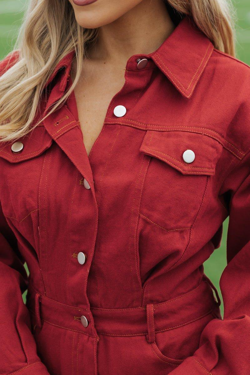Red Long Sleeve Denim Romper - FINAL SALE Product Image