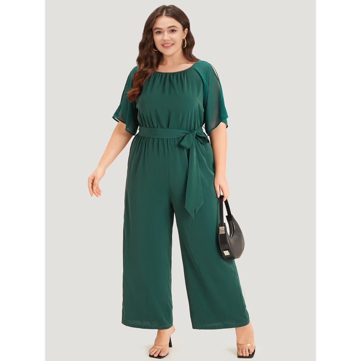 Plus Size DarkGreen Solid Belted Pocket Cut Out Zipper Jumpsuit Women Office Short sleeve Round Neck Work Loose Jumpsuits BloomChic 12/L Product Image