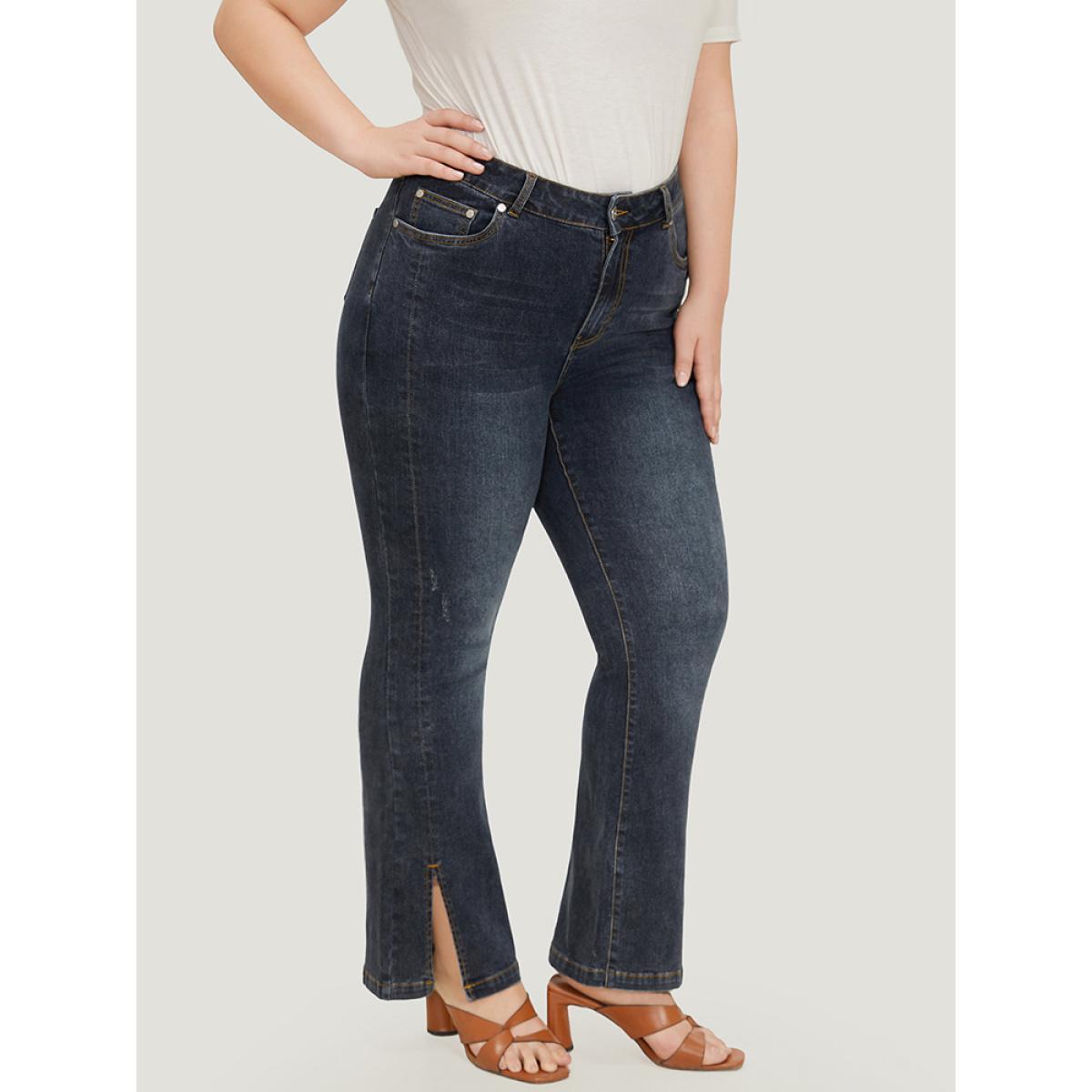 Plus Size Very Stretchy Split Hem Medium Wash Jeans Women Indigo Casual Plain Slit High stretch Pocket Jeans BloomChic 28/5X Product Image
