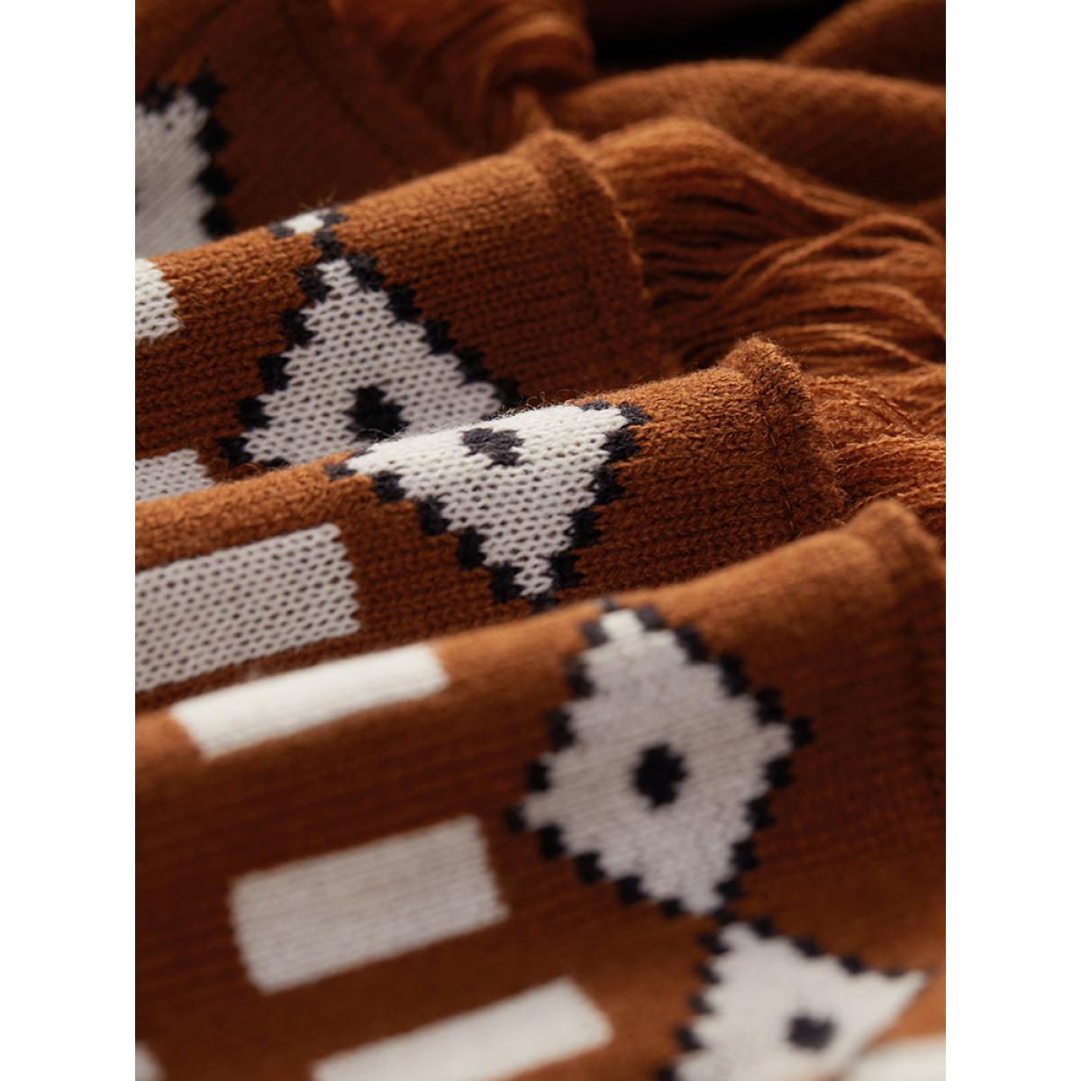 Plus Size Geometric Tassel Trim Open Front Cardigan Maroon Women Casual Loose Long Sleeve Dailywear Cardigans BloomChic 18-20/2X Product Image