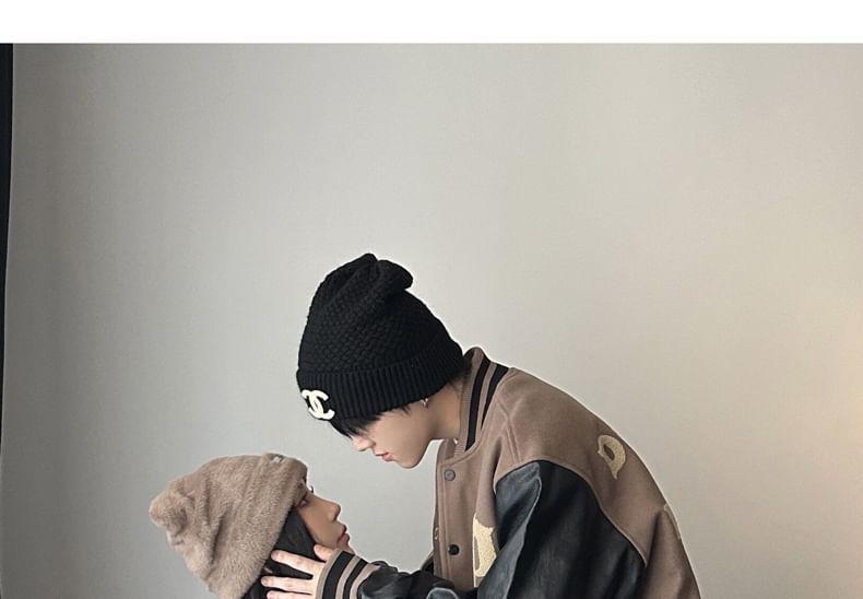 Couple Matching Letter Embroidered Faux Leather Panel Single-Breasted Baseball Jacket Product Image