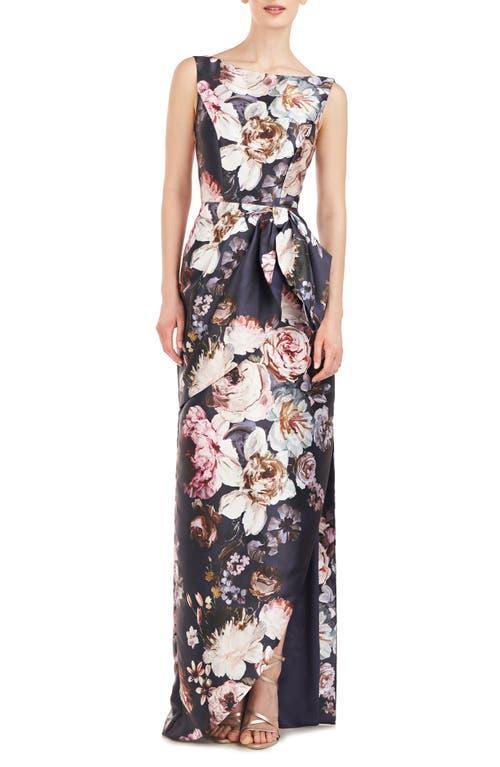 Kay Unger Floral Boat Neckline Sleeveless Ruffle Knot Bodice Gown with Asymmetrical Hem Product Image