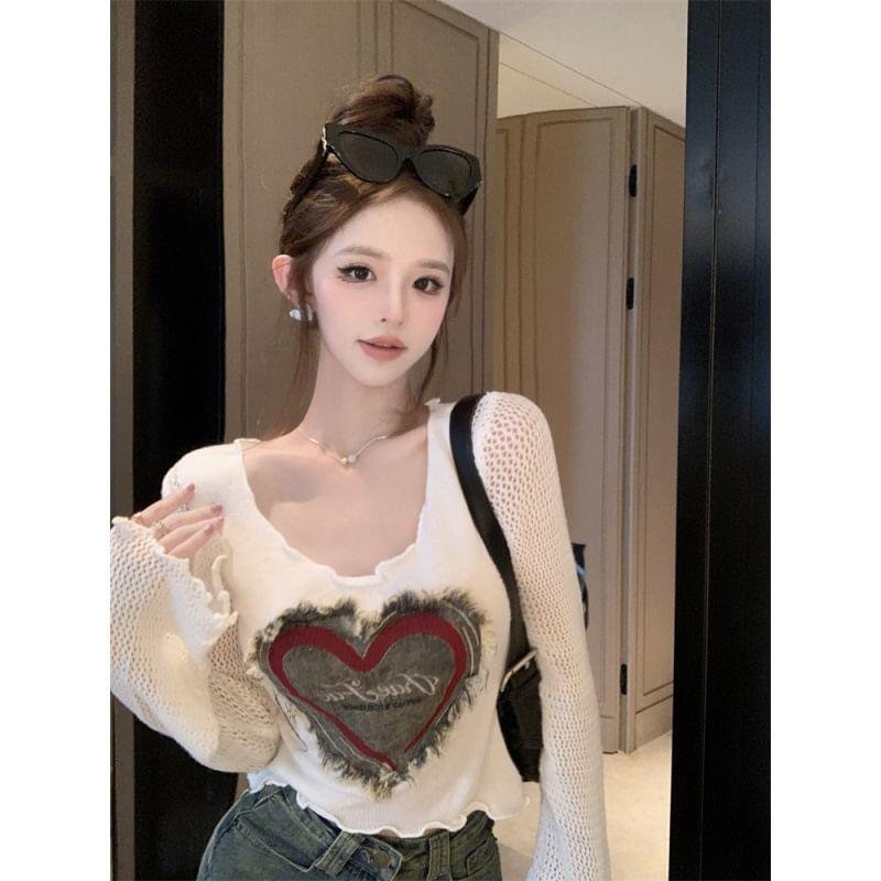Bell Sleeve Scoop Neck Heart Applique Knit Crop Top Product Image