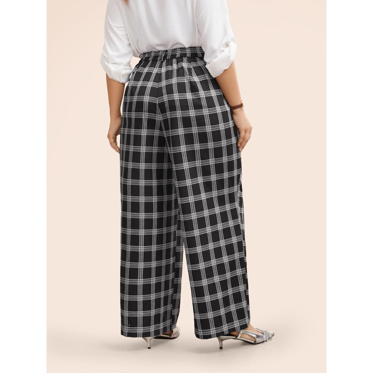Plus Size Plaid Mid Rise Wide Leg Pants Women Black At the Office Wide Leg Mid Rise Work Pants BloomChic 10/M Product Image