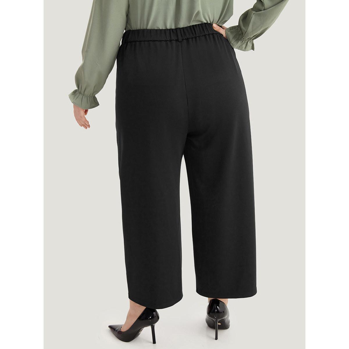 Plus Size Plain Split Front Pleated Pants Women Black At the Office Straight Leg High Rise Work Pants BloomChic 18-20/2X Product Image