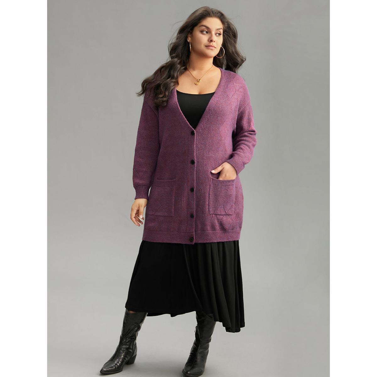 Plus Size Geometric Heather Pocket Button Up Cardigan Purple Women Casual Loose Long Sleeve Dailywear Cardigans BloomChic 14-16/1X Product Image