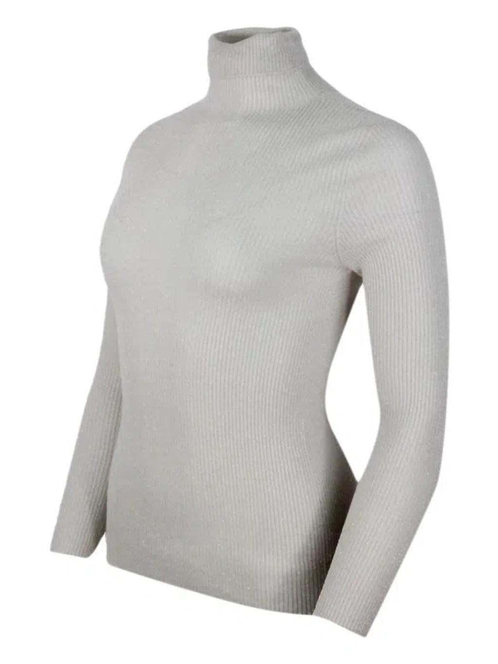 FABIANA FILIPPI Long-sleeved Turtleneck Sweater In Merino Lamè Embellished With Shiny Lurex That Gives Brightness In Beige Product Image