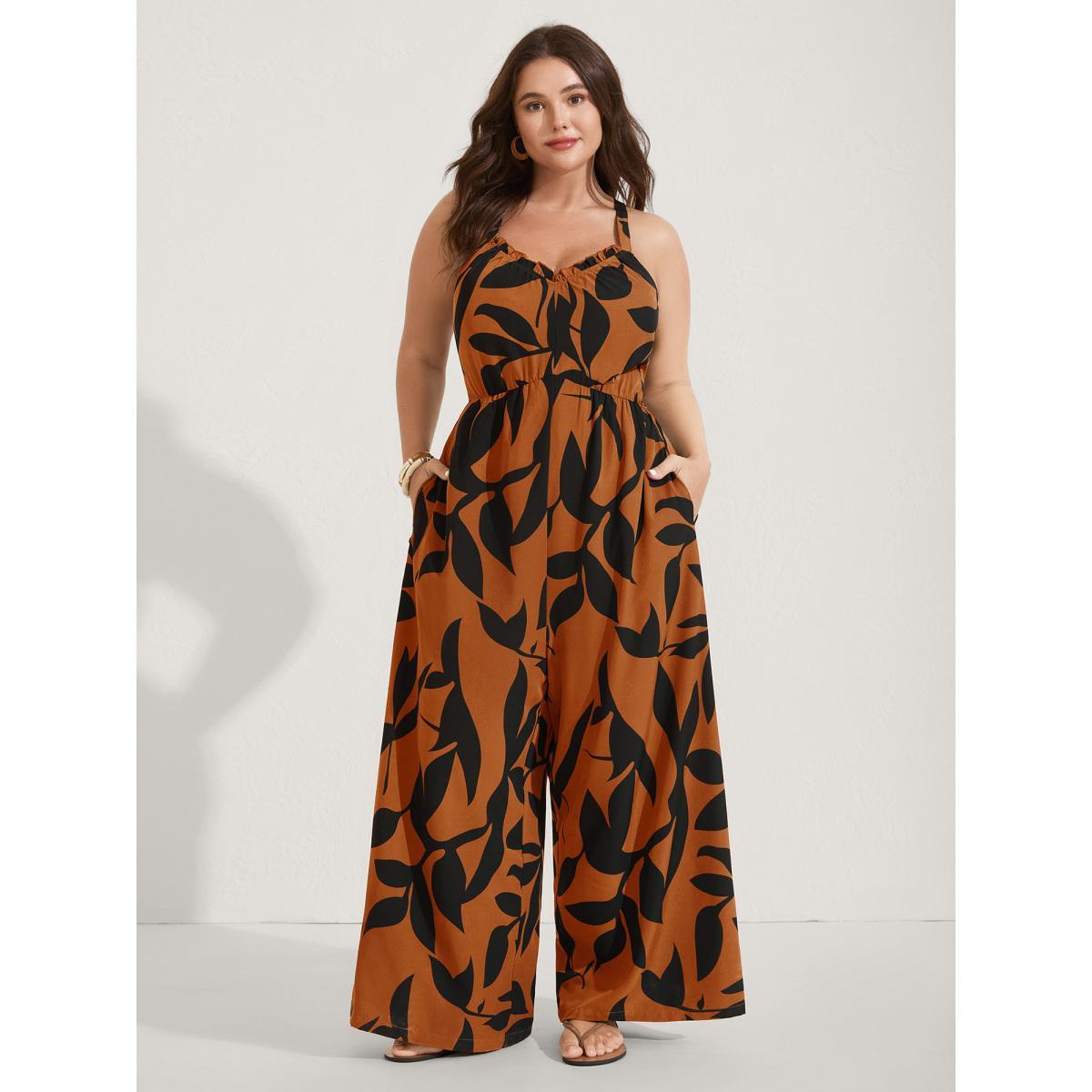 Plus Size Yellowishbrown Silhouette Floral Print Sweetheart Jumpsuit Women Sleeveless V-neck Everyday-Elegant Loose Jumpsuits BloomChic 18-20/2X Product Image