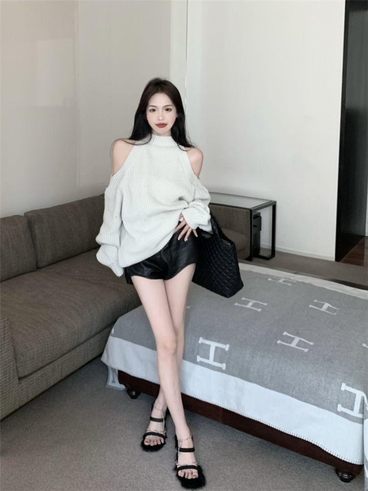 Mock Neck Cold-Shoulder Plain Ribbed Sweater Product Image