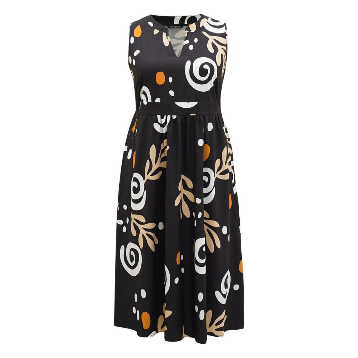 Plus Size Graphic Print Notched Pocket Tank Dress Black Women Vacation Printed Notched collar Sleeveless Curvy Midi Dress BloomChic 18-20/2X Product Image