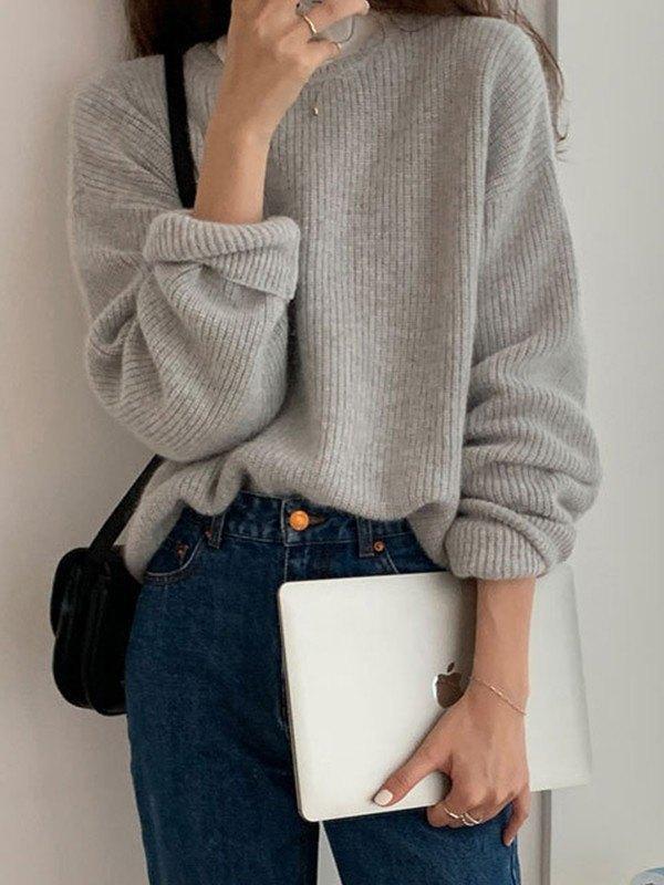 Solid Color Crew Neck Pullover Sweater Product Image