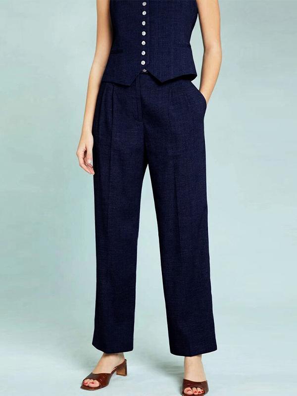 Solid Color  Sleeveless Buttoned Deep V-Neck Vest Top + Pleated Straight Leg Pants Bottom Two Pieces Set Product Image