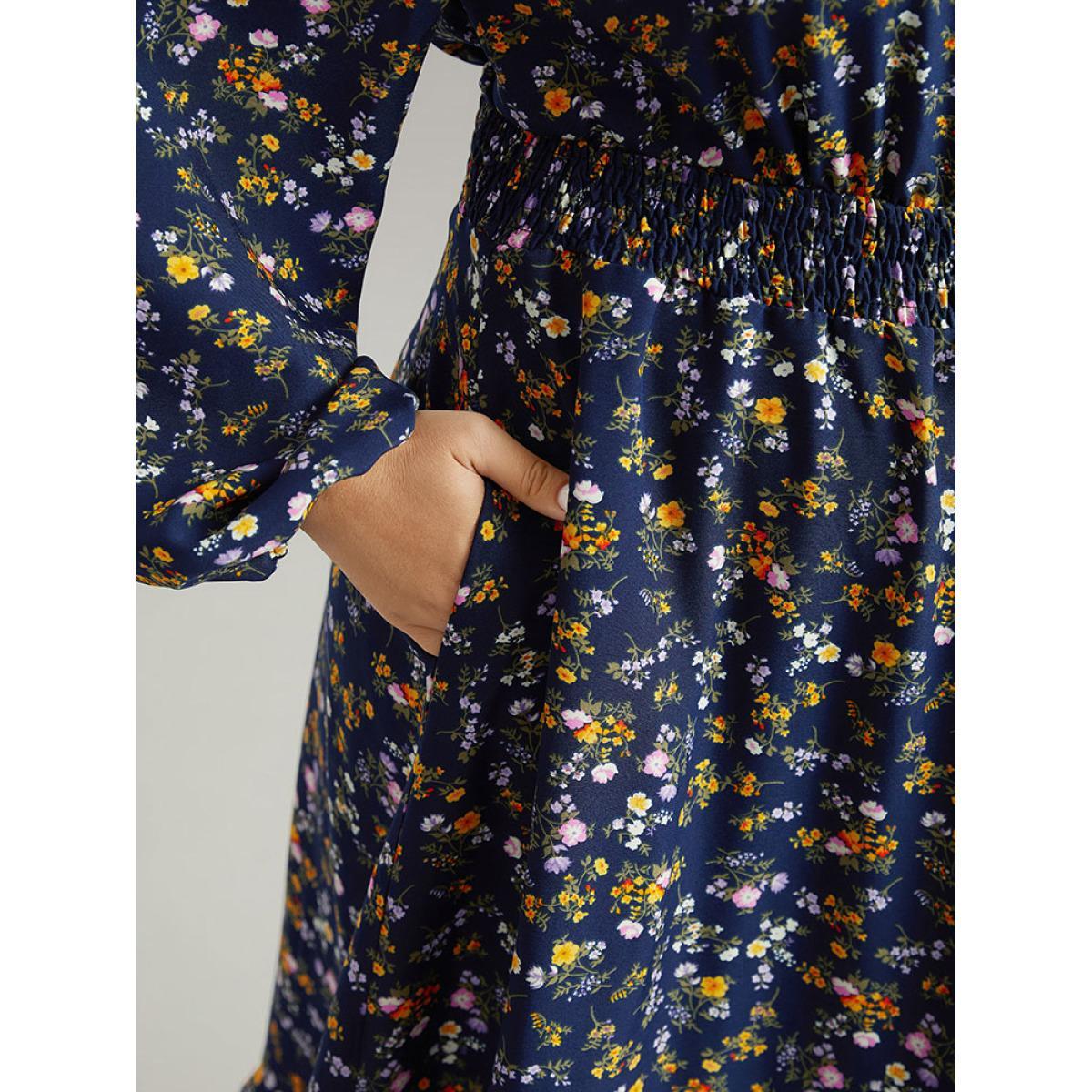 Plus Size Ditsy Floral Notched Shirred Pocket Elastic Waist Dress Navy Women Office Elastic cuffs Notched collar Long Sleeve Curvy Midi Dress BloomChic 30/6X Product Image