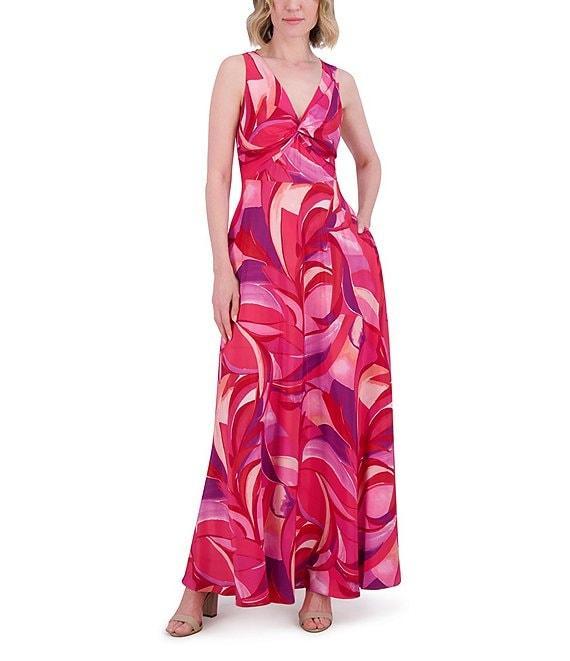 Eliza J Crepe Swirl Print V Neck Sleeveless Sheath Maxi Dress Product Image