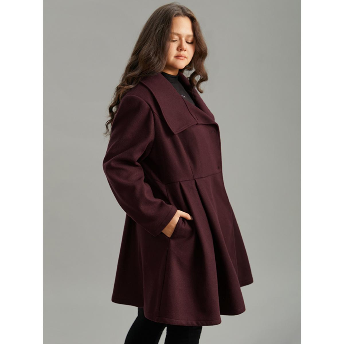Plus Size Plain Button Up Pocket Asymmetrical Lapel Collar Coat Women Burgundy Elegant Plain Ladies Everyday Winter Coats BloomChic 18-20/2X Product Image