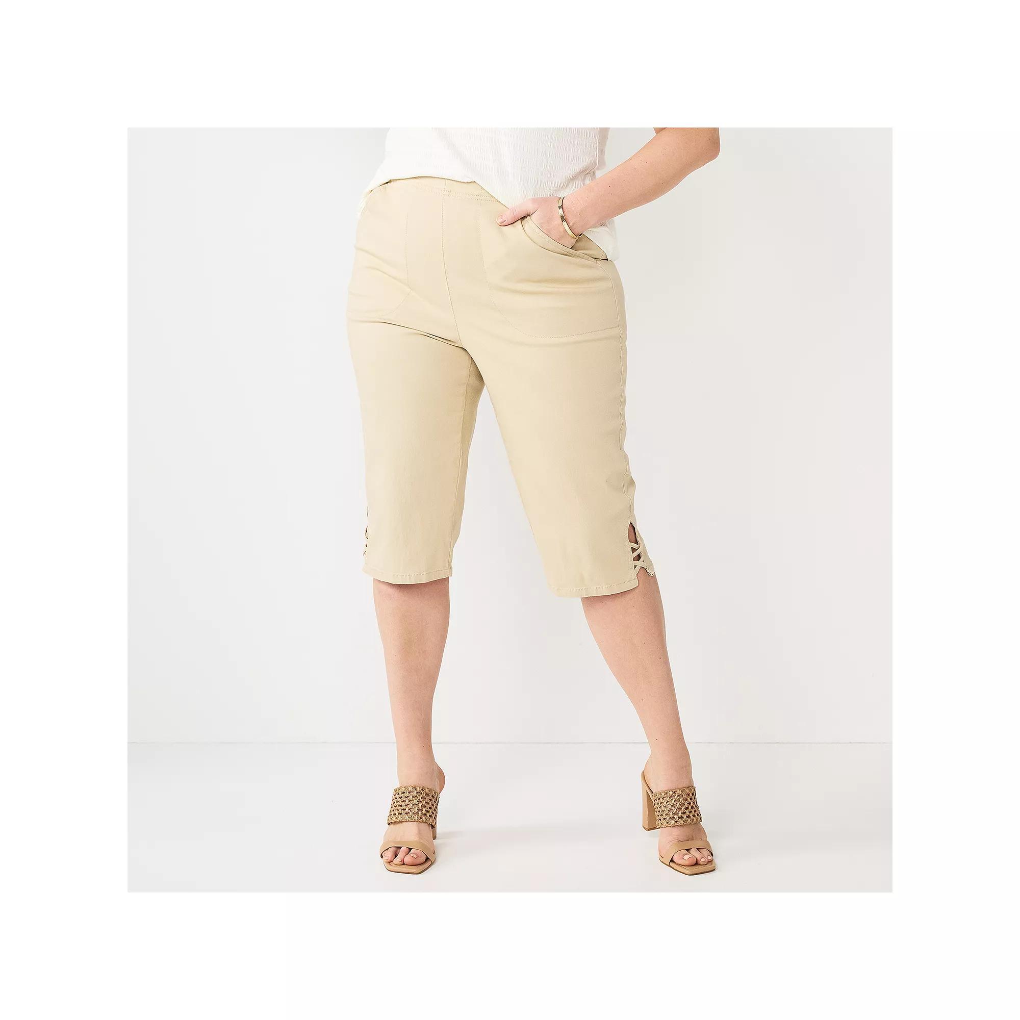 Plus Size Croft & Barrow® Lattice-Hem Pull-On Mid-Rise Skimmer Jeans, Women's, Size: 3XL, Beige Product Image