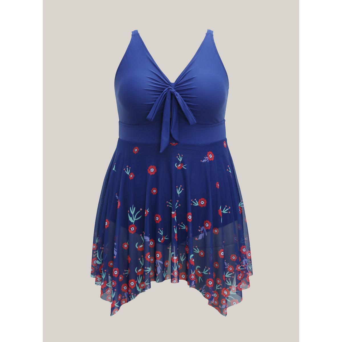 Plus Size Floral Print Mesh Adjustable Bust-Tie Swim Dress Women's Swimwear Indigo Beach Bodycon V-neck High stretch Curve Swim Dresses BloomChic 28/5X Product Image