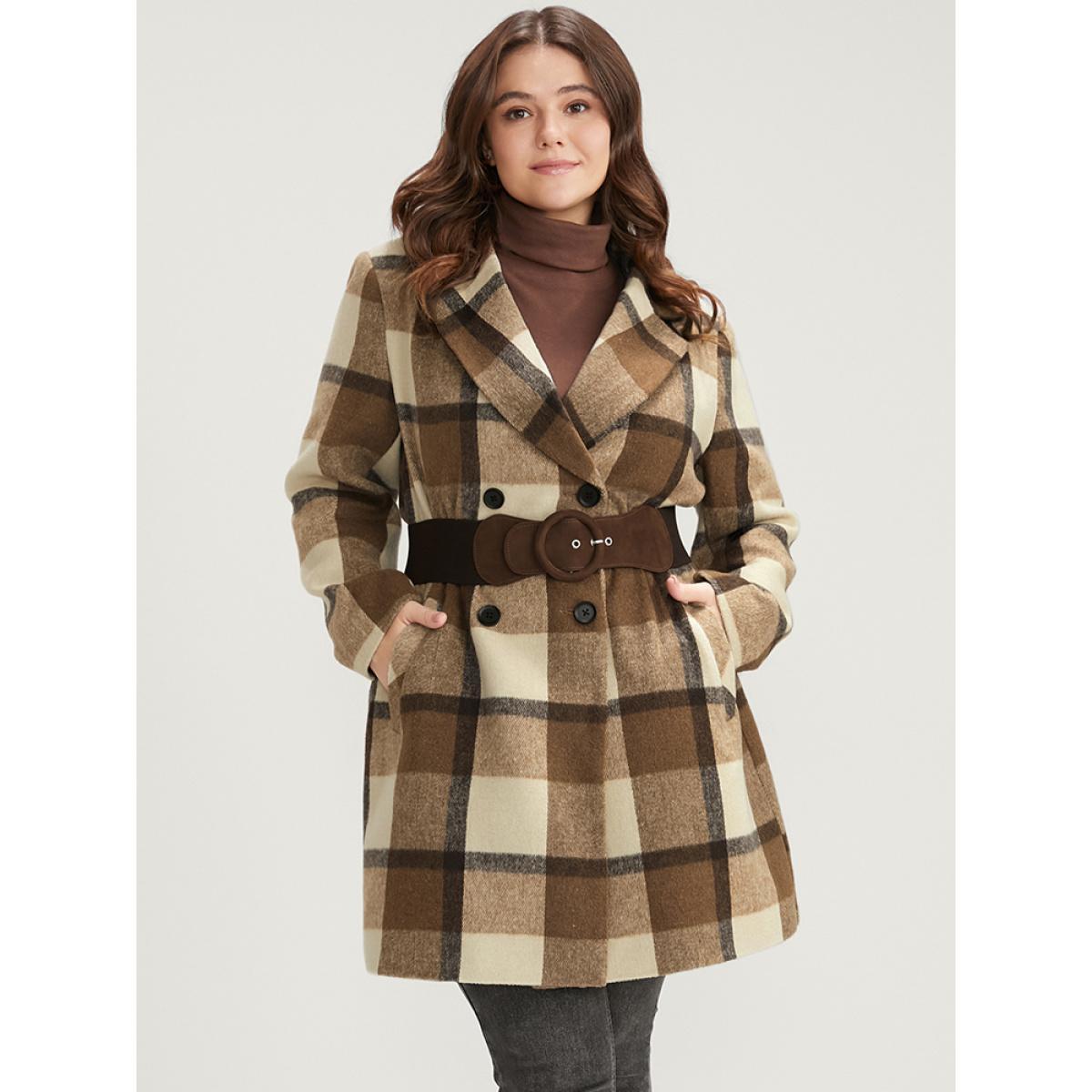 Plus Size Plaid Suit Collar Double Breasted Pocket Blazer Women Chocolate Casual Button Ladies Dailywear Winter Coats BloomChic 12/L Product Image