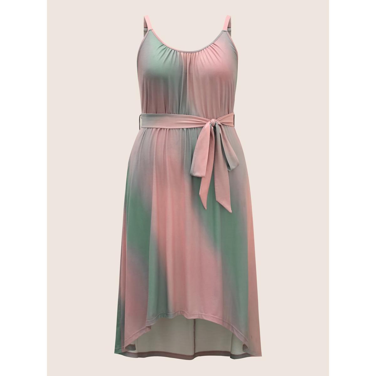 Plus Size Tie Dye Belted High Low Hem Dress Aquamarine Women Casual Belted U-neck Sleeveless Curvy BloomChic 22-24/3X Product Image