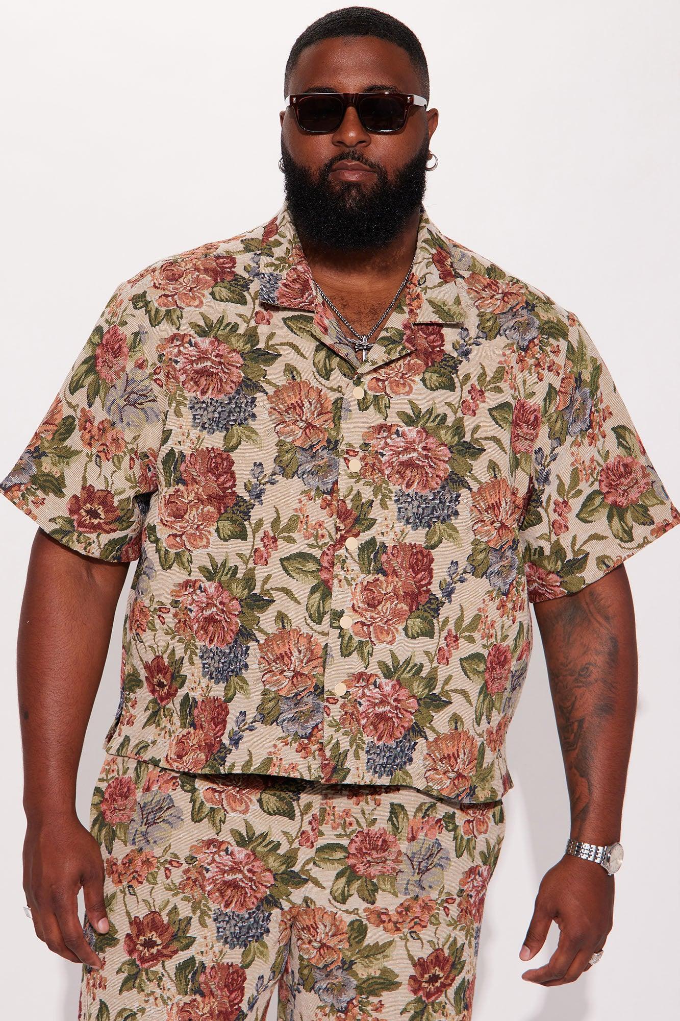 Flowers Blooming Cropped Tapestry Short Sleeve Button Up Shirt - Multi Color Product Image