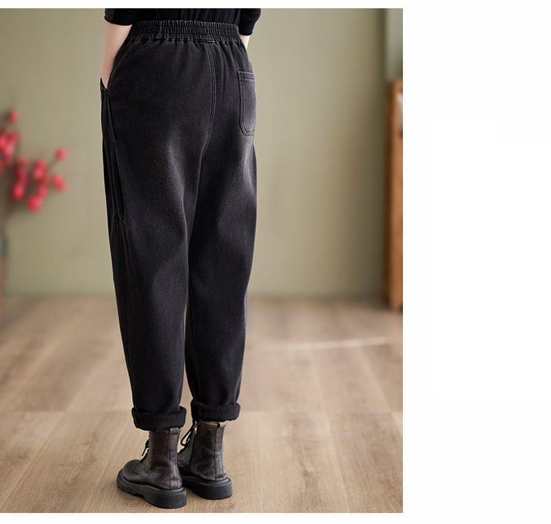 Elastic Waist Fleece-Lined Washed Baggy Jeans Product Image