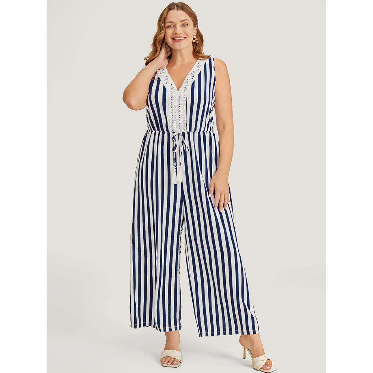 Plus Size DarkBlue Striped Print Contrast Lace Pocket Knot Tassels Tank Jumpsuit Women Office Sleeveless V-neck Work Loose Jumpsuits BloomChic 10/M Product Image
