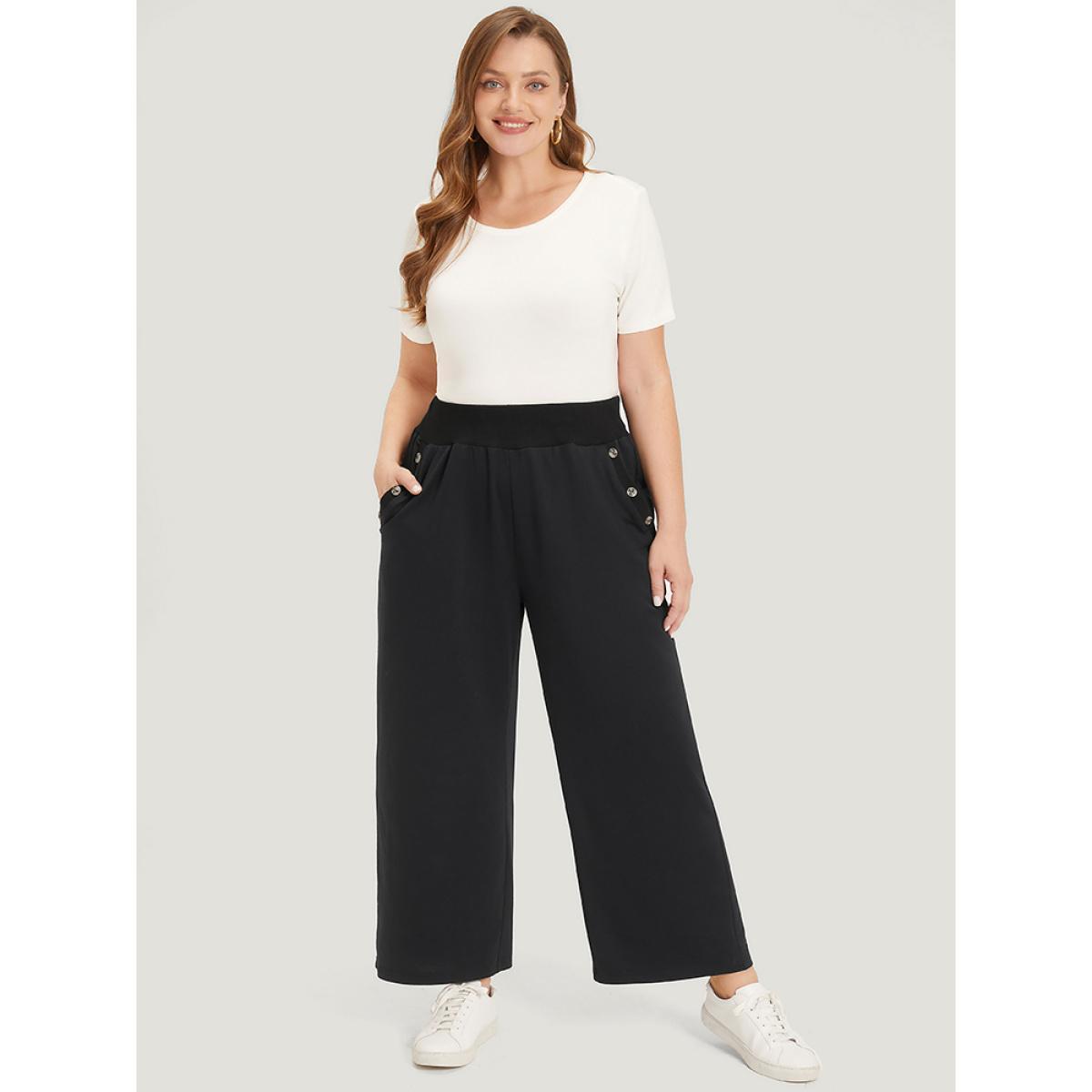 Plain Pocket Button Detail High Rise Sweatpants Black Plus Size Women Casual Dailywear Plain 14-16/1X Bloomchic Product Image