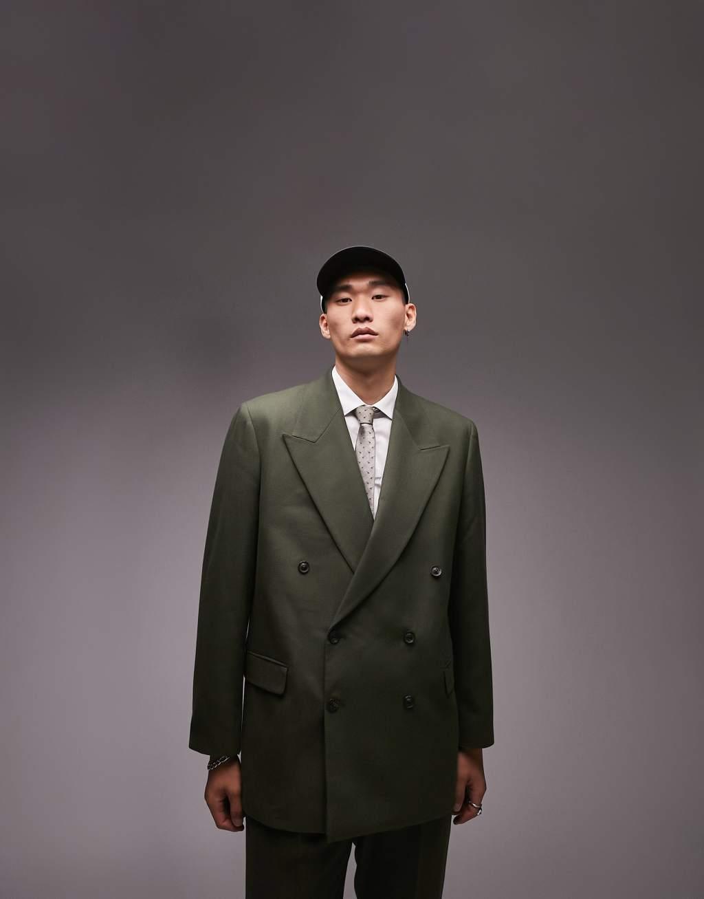 Topman double breasted six button oversized boxy warmhandle suit jacket in khaki Product Image