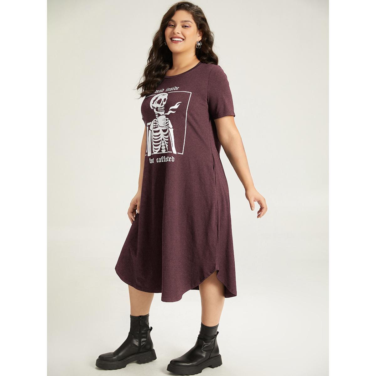 Plus Size Halloween Skull Print Pocket Arc Hem Dress DarkBrown Women Casual Printed Curvy Midi Dress BloomChic 30/6X Product Image