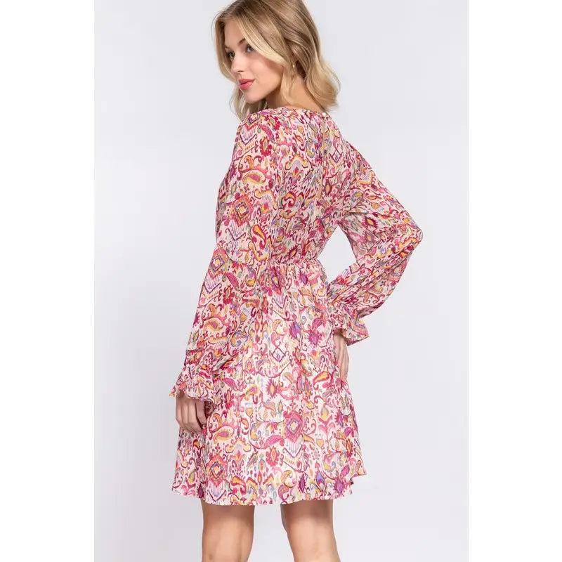 Women's Long Sleeve V-Neck Floral Printed Woven Mini Dress Product Image
